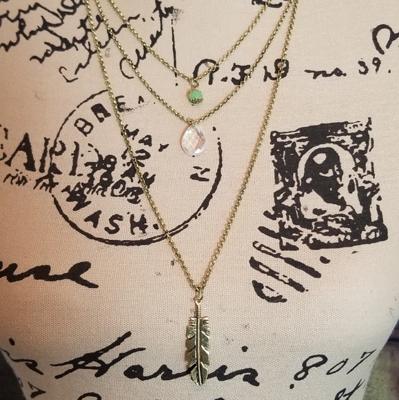 🆕Gold 3 Tiered Layered Feather Crystal Necklace - Picture 1 of 6